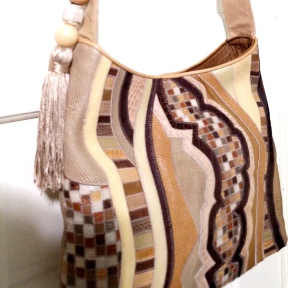 NEW Sharif BOHO WESTERN Beige Brown Patchwork 100% Croc Leather Shoulder Bag - Picture 6 of 14